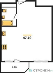 Планировка однокомнатной(квартира) площадью 47.1 квадратных метров в ЖК “ЖК Одинбург”