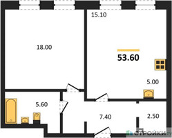 Планировка однокомнатной(квартира) площадью 53.6 квадратных метров в “ЖК Skolkovo ONE (Сколково Уан)”