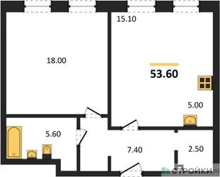 Планировка однокомнатной(квартира) площадью 53.6 квадратных метров в ЖК “ЖК Skolkovo ONE (Сколково Уан)”