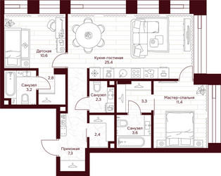 Планировка двухкомнатной(квартира) площадью 72.3 квадратных метров в ЖК “ЖК Дом 7 Даниловский”