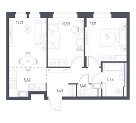Планировка двухкомнатной(квартира) площадью 51.83 квадратных метров в ЖК “ЖК Большое Путилково”