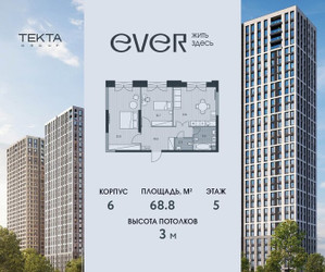 Планировка трехкомнатной(квартира) площадью 68.8 квадратных метров в ЖК “ЖК Ever (Эвер)”