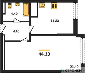 Планировка однокомнатной(квартира) площадью 44.2 квадратных метров в ЖК “ЖК VERY на Миклухо-Маклая (Вери на Миклухо-Маклая)”
