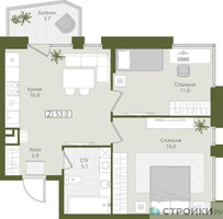 Планировка двухкомнатной(квартира) площадью 53 квадратных метров в “ЖК "Коллекция"”