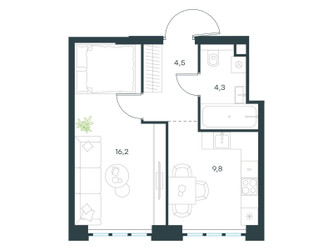 Планировка однокомнатной(квартира) площадью 34.8 квадратных метров в ЖК “ЖК Левел Южнопортовая”