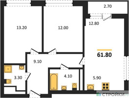 Планировка двухкомнатной(квартира) площадью 61.8 квадратных метров в “ЖК Дзен-кварталы”