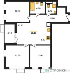 Планировка трехкомнатной(квартира) площадью 66.1 квадратных метров в ЖК “ЖК Скандинавия”