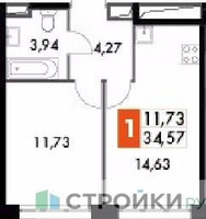 Планировка однокомнатной(апартаменты) площадью 34.57 квадратных метров в “ЖК Движение. Говорово”