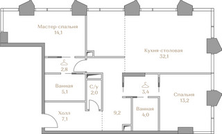 Планировка двухкомнатной(квартира) площадью 93 квадратных метров в “ЖК Коллекция Лужники”
