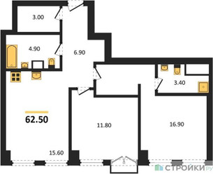 Планировка двухкомнатной(квартира) площадью 62.5 квадратных метров в ЖК “ЖК Emotion (Эмоушен)”