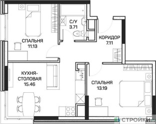 Планировка двухкомнатной(квартира) площадью 50.8 квадратных метров в ЖК “ЖК Clementine (Клементин)”