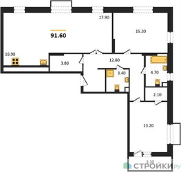 Планировка двухкомнатной(квартира) площадью 91.6 квадратных метров в ЖК “ЖК UP-квартал Скандинавский”