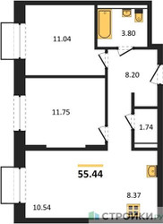 Планировка двухкомнатной(квартира) площадью 55.44 квадратных метров в ЖК “ЖК Квартал Строгино”