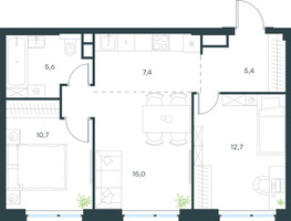 Планировка трехкомнатной(квартира) площадью 56.7 квадратных метров в “ЖК Level Мичуринский”