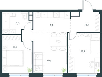 Планировка трехкомнатной(квартира) площадью 56.7 квадратных метров в ЖК “ЖК Level Мичуринский”