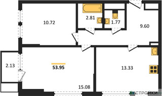 Планировка двухкомнатной(квартира) площадью 53.95 квадратных метров в “ЖК Остафьево”