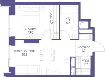 Планировка однокомнатной(квартира) площадью 48.9 квадратных метров в ЖК “ЖК Начало”