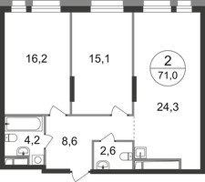 Планировка двухкомнатной(квартира) площадью 71 квадратных метров в “ЖК Первый Московский”