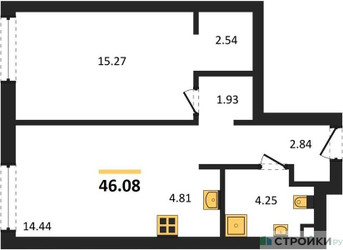 Планировка однокомнатной(квартира) площадью 46.08 квадратных метров в ЖК “ЖК Солос”