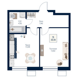 Планировка однокомнатной(квартира) площадью 38.48 квадратных метров в ЖК “ЖК Бархат”