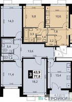 Планировка трехкомнатной(квартира) площадью 77.8 квадратных метров в “ЖК ЮЖНАЯ БИТЦА”