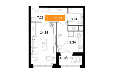 Планировка однокомнатной(квартира) площадью 36.52 квадратных метров в ЖК “ЖК Планерный Квартал”