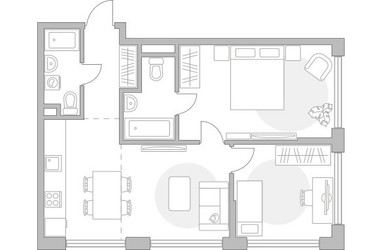 Планировка трехкомнатной(квартира) площадью 59.5 квадратных метров в ЖК “ЖК Мневники от Гранель”