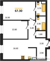 Планировка двухкомнатной(квартира) площадью 67.3 квадратных метров в ЖК “ЖК КОД Сокольники”