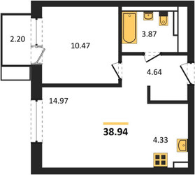 Планировка однокомнатной(квартира) площадью 38.94 квадратных метров в ЖК “ЖК Квартал Сабурово”