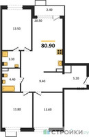 Планировка трехкомнатной(квартира) площадью 80.9 квадратных метров в “ЖК Прокшино”