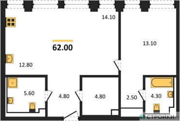 Планировка однокомнатной(квартира) площадью 62 квадратных метров в ЖК “ЖК INJOY (Инджой)”