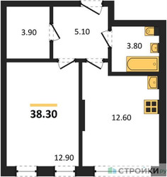 Планировка однокомнатной(квартира) площадью 38.3 квадратных метров в ЖК “ЖК Переделкино Ближнее”