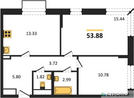 Планировка двухкомнатной(квартира) площадью 53.88 квадратных метров в “ЖК Новое Внуково”