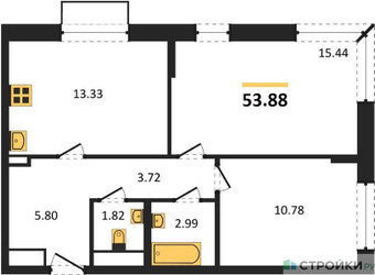 Планировка двухкомнатной(квартира) площадью 53.88 квадратных метров в ЖК “ЖК Новое Внуково”