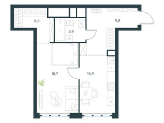 Планировка однокомнатной(квартира) площадью 45.4 квадратных метров в ЖК “ЖК Левел Южнопортовая”