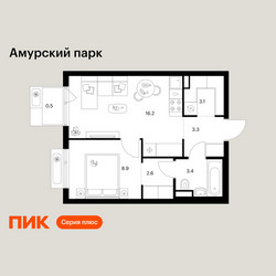 Планировка однокомнатной(квартира) площадью 38 квадратных метров в ЖК “ЖК Амурский парк”