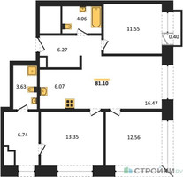 Планировка трехкомнатной(квартира) площадью 81.1 квадратных метров в “ЖК LIFE Варшавская”