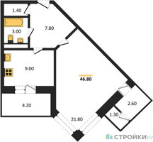 Планировка однокомнатной(квартира) площадью 47.2 квадратных метров в “ЖК Три квартала”