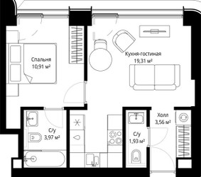 Планировка однокомнатной(квартира) площадью 39 квадратных метров в ЖК “ЖК Сити Бэй”