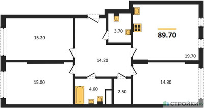 Планировка трехкомнатной(квартира) площадью 89.7 квадратных метров в ЖК “ЖК Переделкино Ближнее”