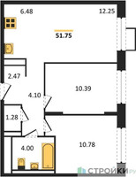 Планировка двухкомнатной(квартира) площадью 51.2 квадратных метров в “ЖК Пригород Лесное”