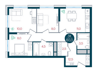Планировка трехкомнатной(квартира) площадью 60 квадратных метров в ЖК “ЖК РУСИЧ-Кантемировский”