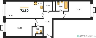 Планировка двухкомнатной(квартира) площадью 72.3 квадратных метров в ЖК “ЖК Вереск”