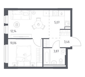 Планировка однокомнатной(квартира) площадью 34.6 квадратных метров в ЖК “ЖК Квартал Авиаторов”