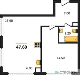 Планировка однокомнатной(квартира) площадью 47.6 квадратных метров в ЖК “ЖК НАЗАРÉ (Мангазея в Богородском)”