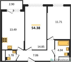 Планировка двухкомнатной(квартира) площадью 54.38 квадратных метров в “ЖК Светлый мир БиоПолис”