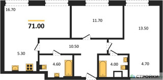 Планировка двухкомнатной(квартира) площадью 71 квадратных метров в “ЖК Voxhall (Воксхолл)”