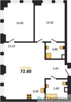 Планировка двухкомнатной(квартира) площадью 72.6 квадратных метров в “ЖК Мангазея на Тульской”