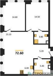 Планировка двухкомнатной(квартира) площадью 72.6 квадратных метров в ЖК “ЖК Мангазея на Тульской”