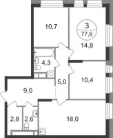 Планировка трехкомнатной(квартира) площадью 77.6 квадратных метров в “ЖК Первый Московский”
